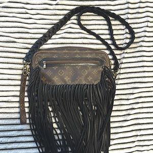 Vintage Boho Louis Vuitton Crossbody Black Fringe & Leather Braided Strap